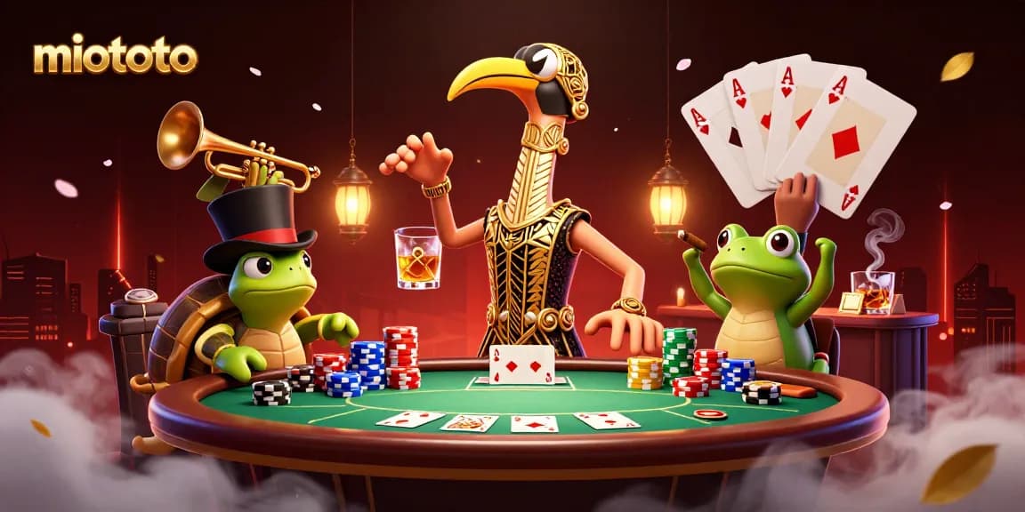 Engage with miototo at a lively speakeasy featuring poker games, vibrant characters, and casino excitement.