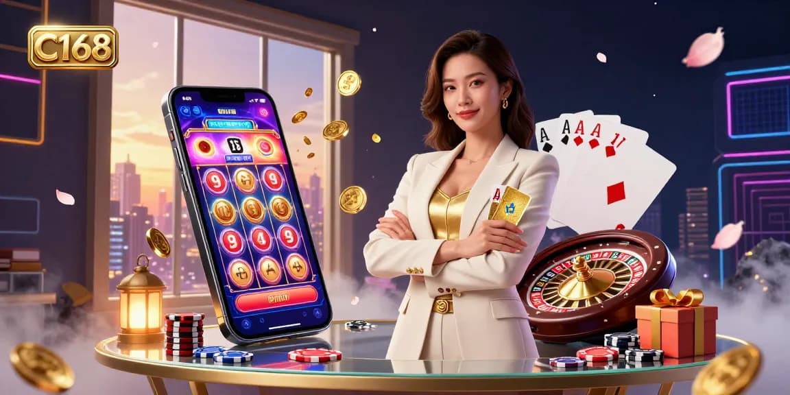 C168 showcases an elegant Asian woman in an ivory blazer, holding golden cards amidst vibrant casino elements.