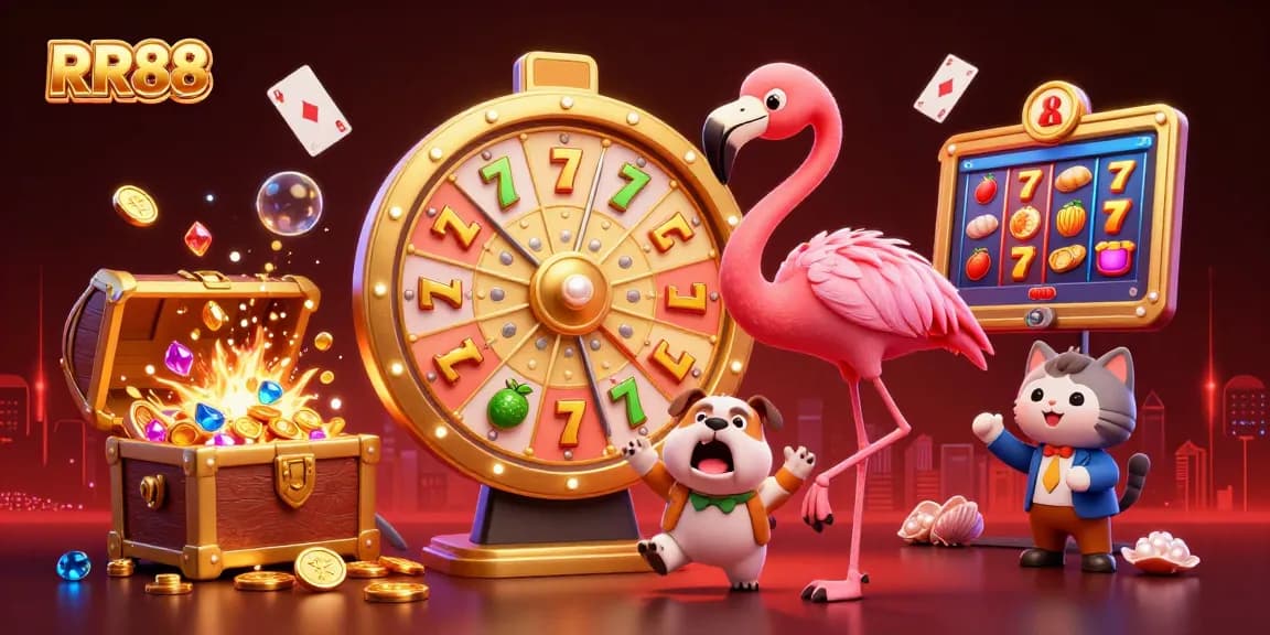 Experience the excitement of RR88 with a vibrant casino scene featuring a cartoon host, bulldog contestant, and dynamic slot elements.