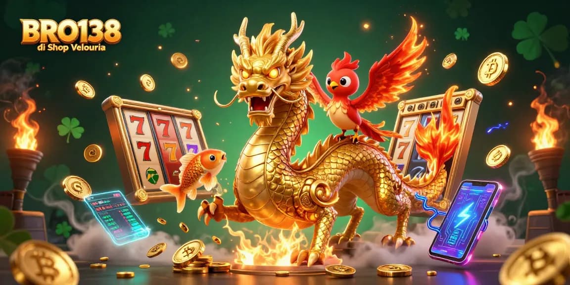 Immerse in BRO138 di Shop Velouria's vibrant slot gaming adventure with golden characters and lucky symbols.