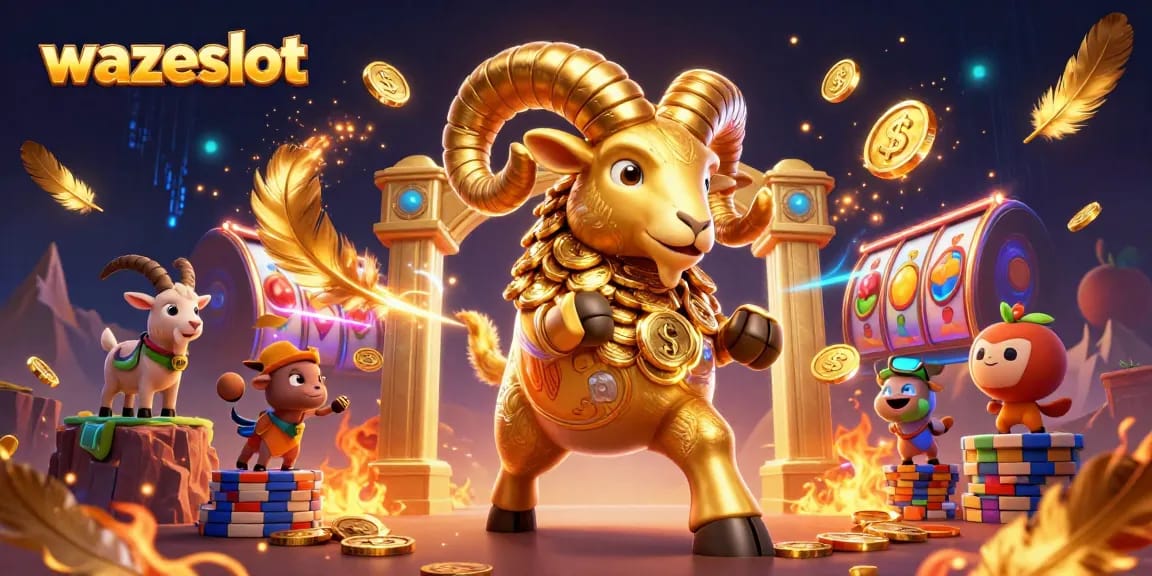 Spin the reels at wazeslot with a majestic golden ram and captivating casino elements.