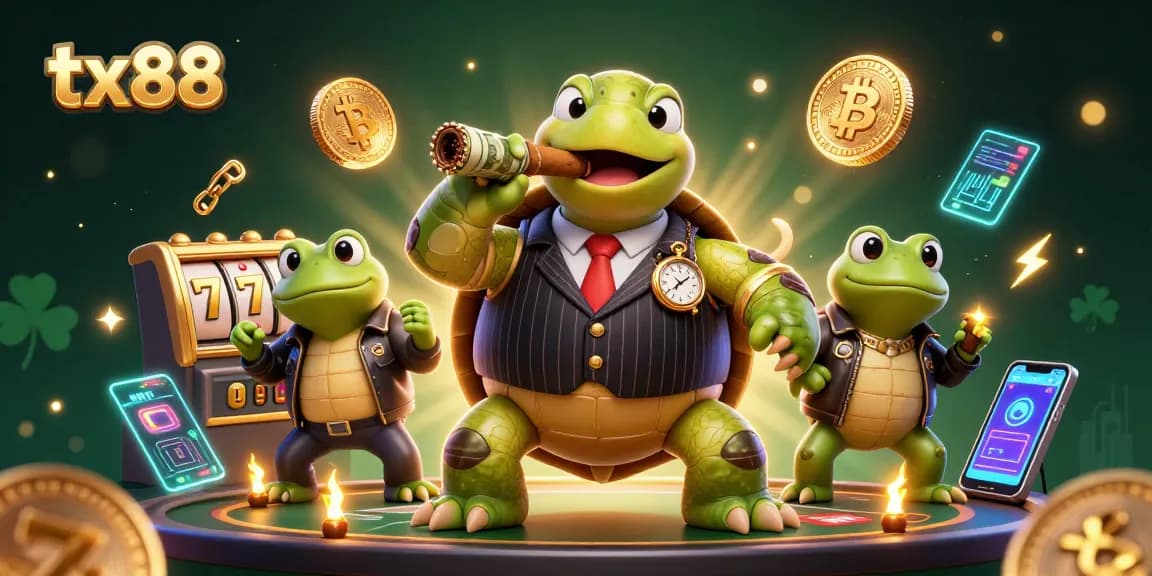 Experience thrilling gaming at tx88 with a vibrant casino scene featuring a mobster turtle and bullfrog enforcers.