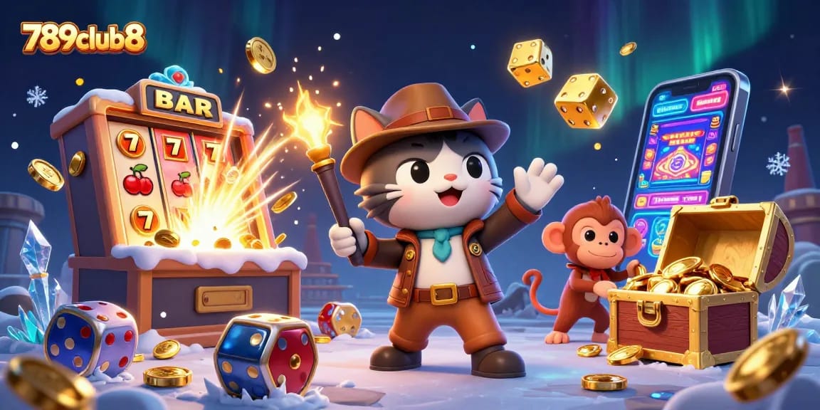 Experience the thrilling adventures of 789club8 as the explorer archaeologist uncovers a golden casino artifact amidst rich elements.