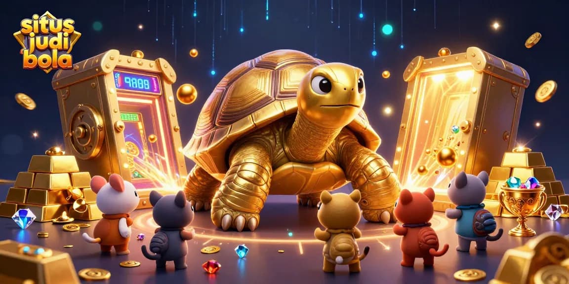 Engage in situs judi bola exciting action with golden tortoise gaming thrill amidst treasure and gems.