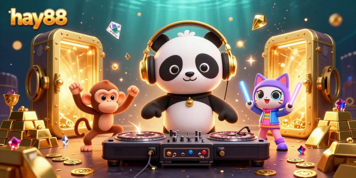 Experience the excitement of hay88 as the DJ panda spins on roulette wheels among treasures in a vibrant casino scene.