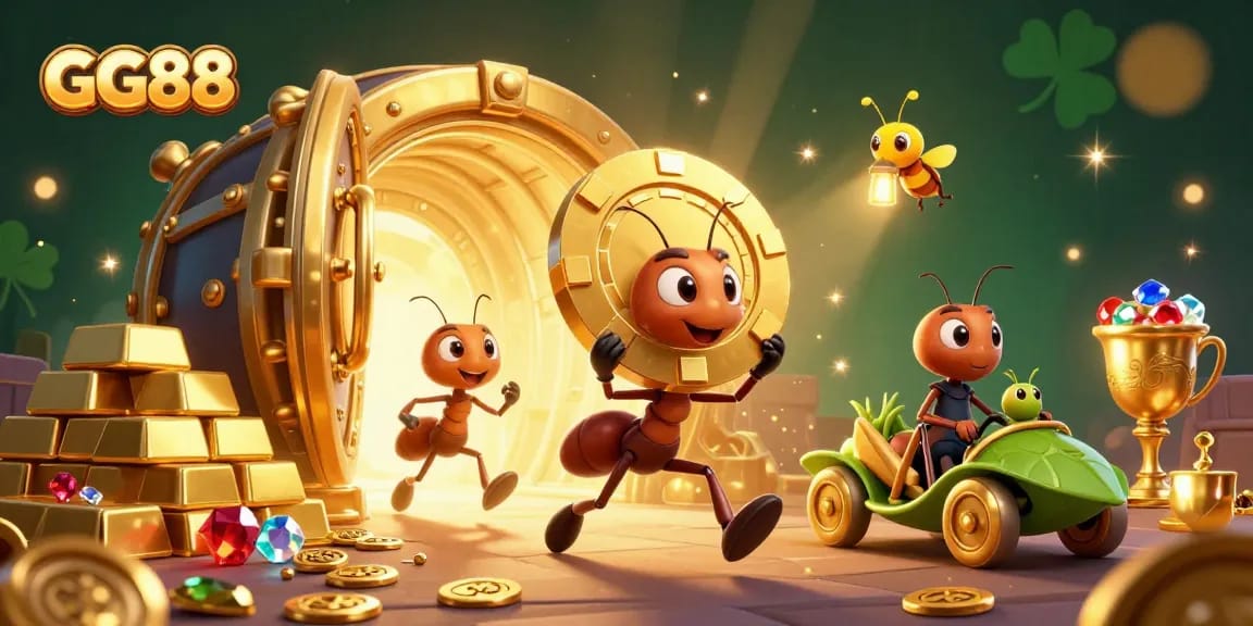 Experience thrilling heists at GG88 with a team of ants stealing poker chips in a treasure-filled tunnel!