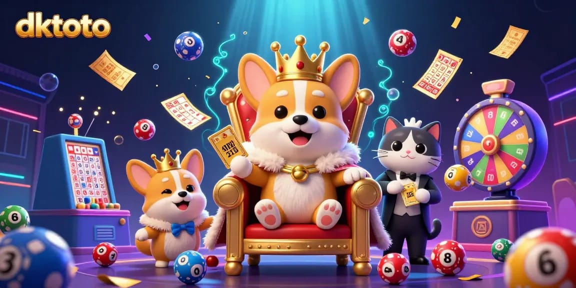 Play exciting baccarat at dktoto with a vibrant casino-themed illustration showcasing a royal corgi.