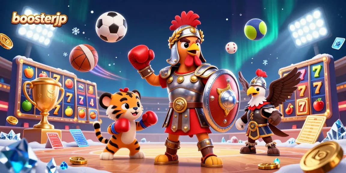 Experience thrilling action with boosterjp in this vibrant gambling scene featuring slot reels and sports elements.