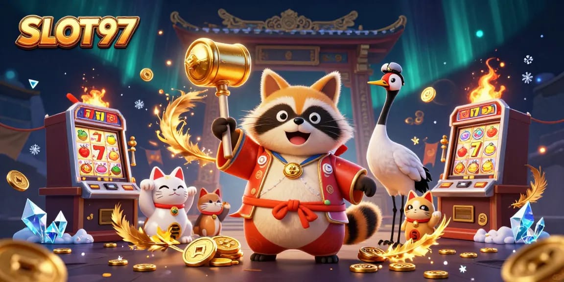 SLOT97 offers top-notch slot action with a cheerful tanuki and fortune cats amidst dynamic casino elements