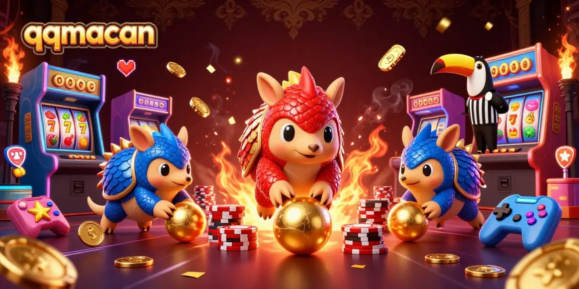 Experience thrilling action with qqmacan as rival pangolins compete amidst vibrant slot game elements.