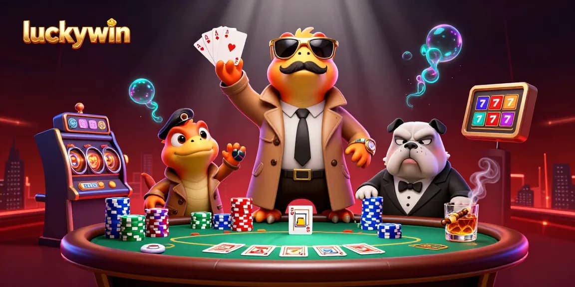 Experience the fun at luckywin with raptors playing poker in a lively casino scene filled with excitement.
