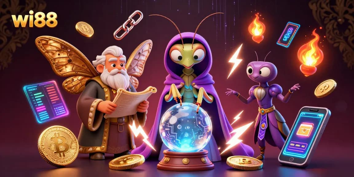 Play and win big at wi88 with a colorful 3D illustration of a mystical scene filled with fortune telling and crypto gaming.