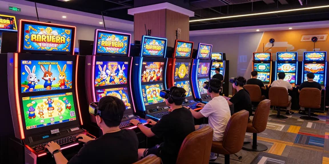 Players enjoying the Fortune Rabbit slot games in a lively online gaming hall, showcasing excitement and engagement.