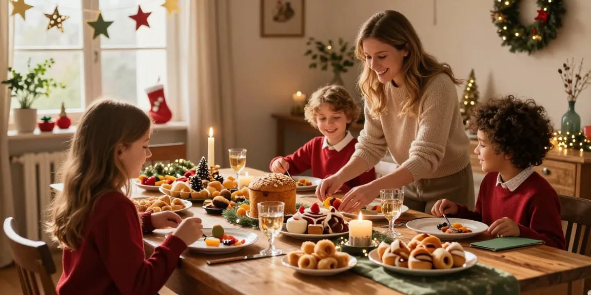 Meja makan meriah untuk perayaan Epiphany dengan hidangan tradisional Italia dari https://decorarelatavola.com/idee-la-tavola-della-befana/ dan dekorasi ceria.