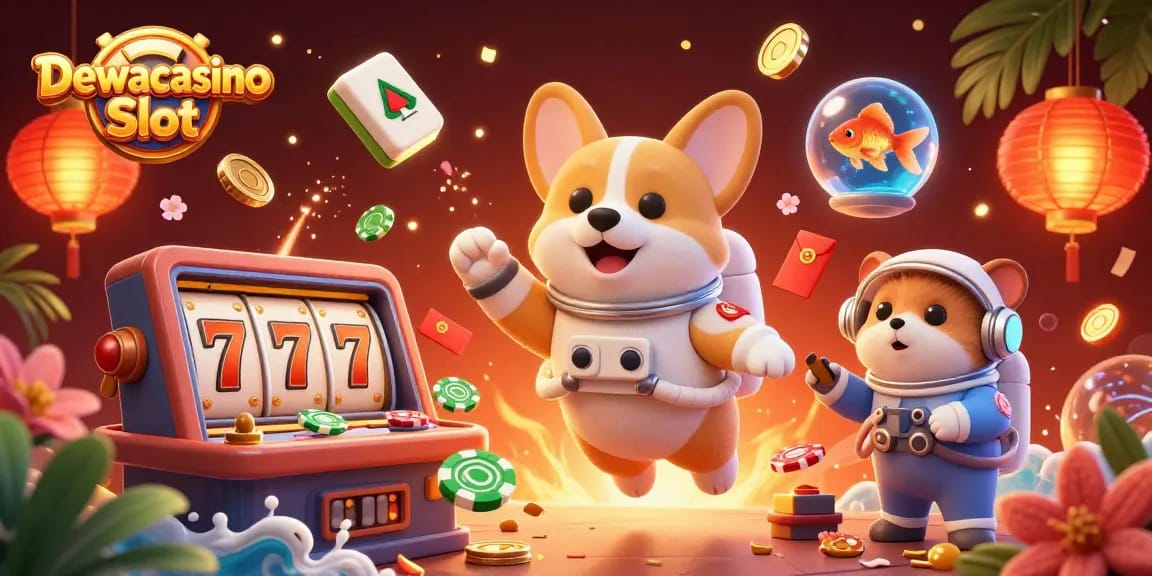 Dewacasino Slot offers vibrant gameplay with cartoon corgi and jackpots in a floating casino.