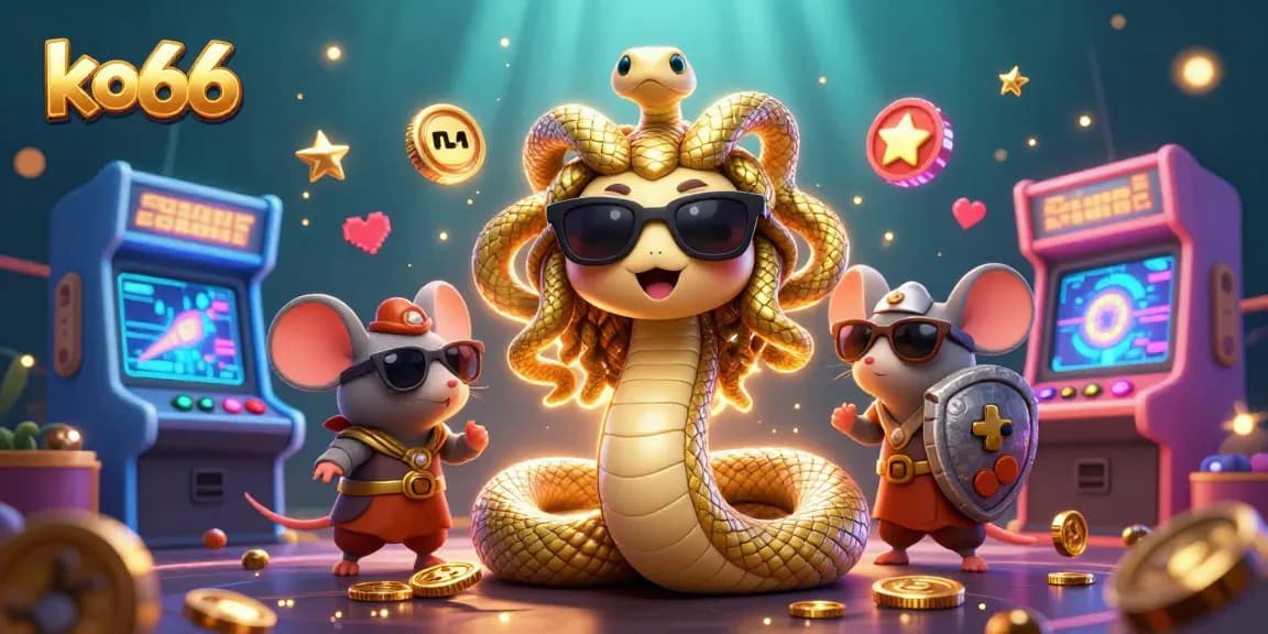 Experience thrilling gameplay at ko66 with Medusa and a charming warrior mouse in a vibrant casino scene.