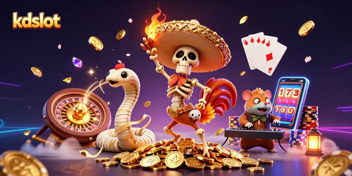 Kdslot showcases a vibrant 3D illustration with a festive casino theme, featuring a dancing rooster, mummy snake, and a DJ hamster.