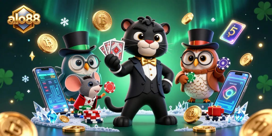 Bet on exciting games at alo88 with a stylish panther dealing cards in a vibrant casino scene.