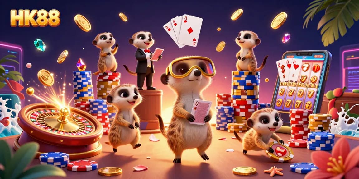Experience thrilling games at HK88 with meerkats managing action-packed casino activities.