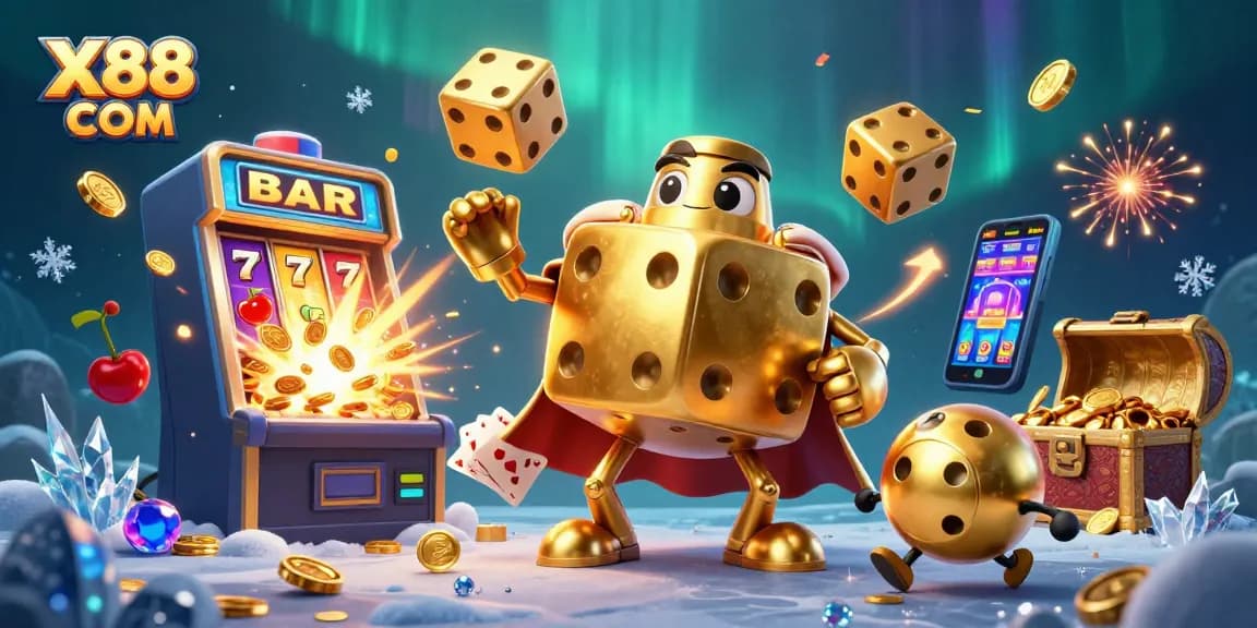 X88 COM showcases a dynamic casino scene with golden dice, slot machines, and high-stakes action.