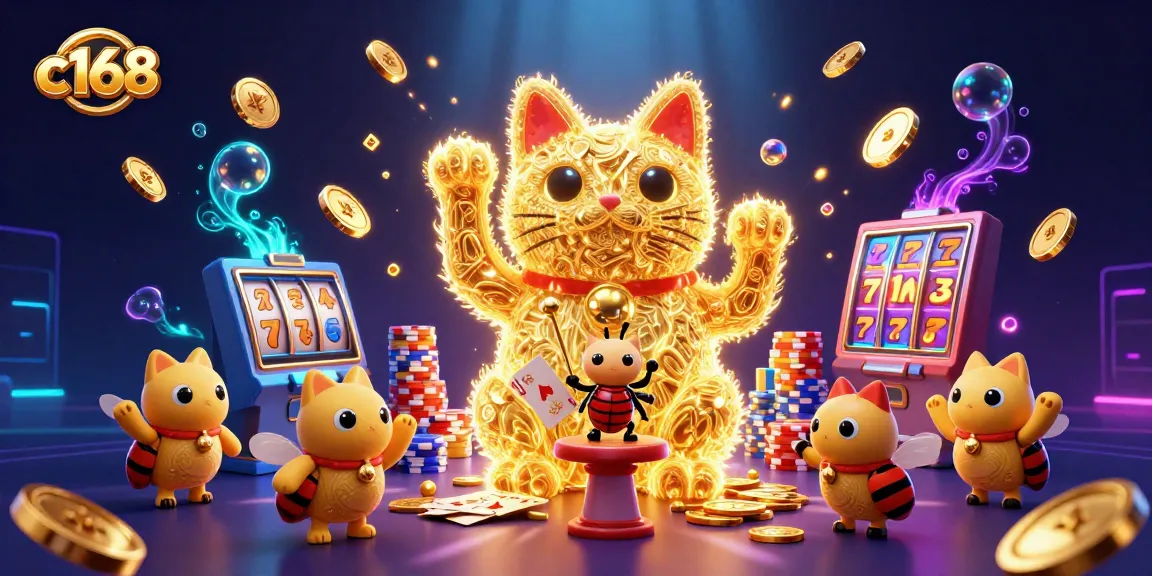 Play slots with c168 featuring a golden lucky cat, coins, and vibrant casino elements in a dynamic scene.
