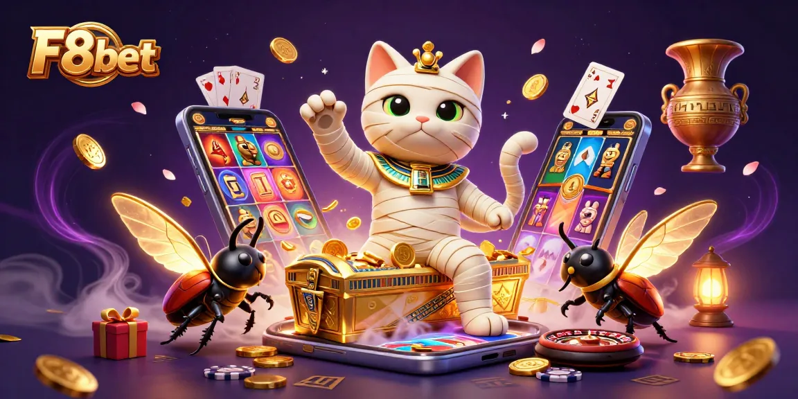 Join the action at F8bet with a vivid illustration of a mummy cat casino adventure featuring exciting game elements.
