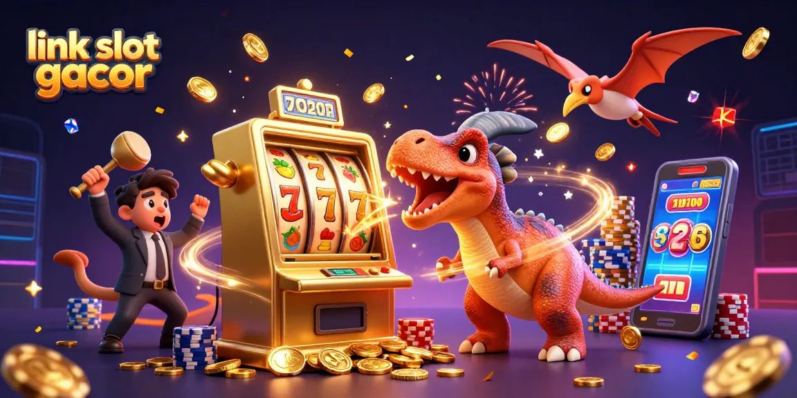 Experience excitement with link slot gacor as dinosaurs engage in a vibrant casino scene.