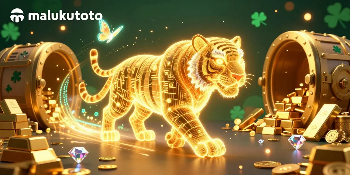 Play and win at malukutoto with vibrant 3D casino illustration featuring a golden tiger and treasures.