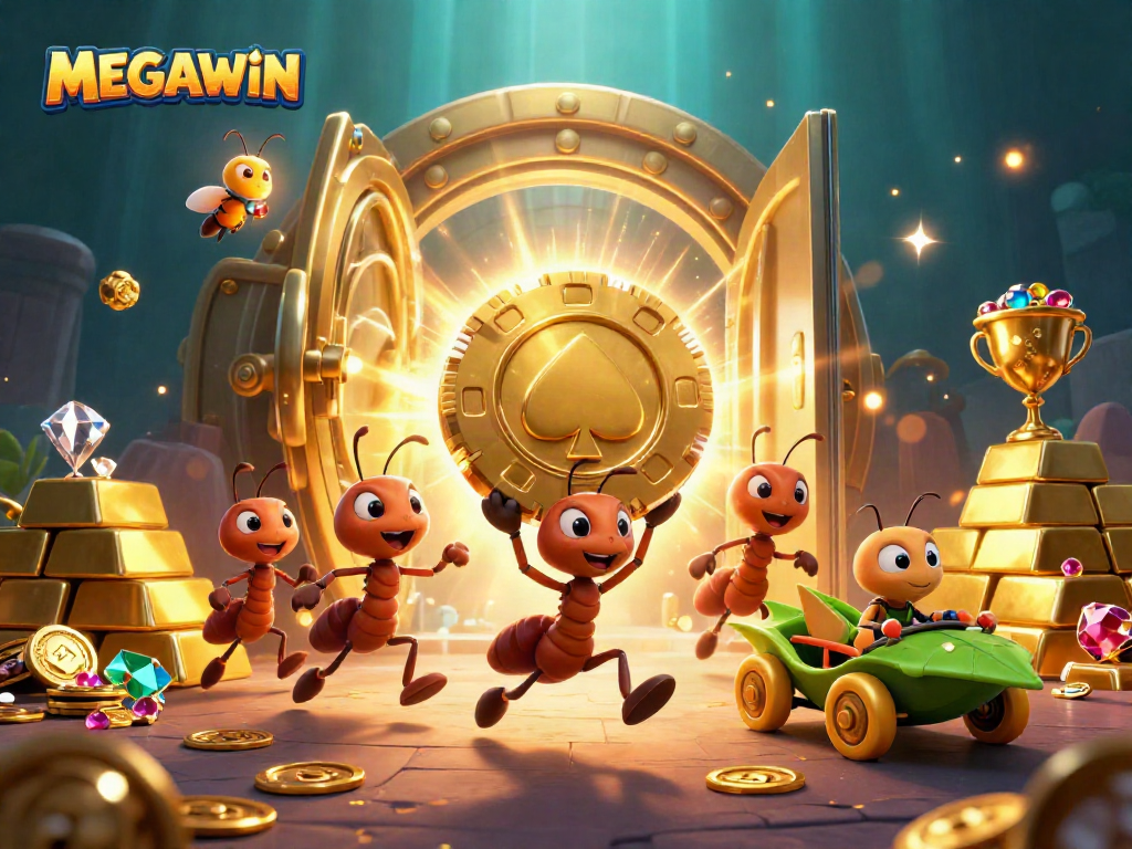 Experience a thrilling MEGAWIN with animated ants and treasure in this vibrant heist scene.