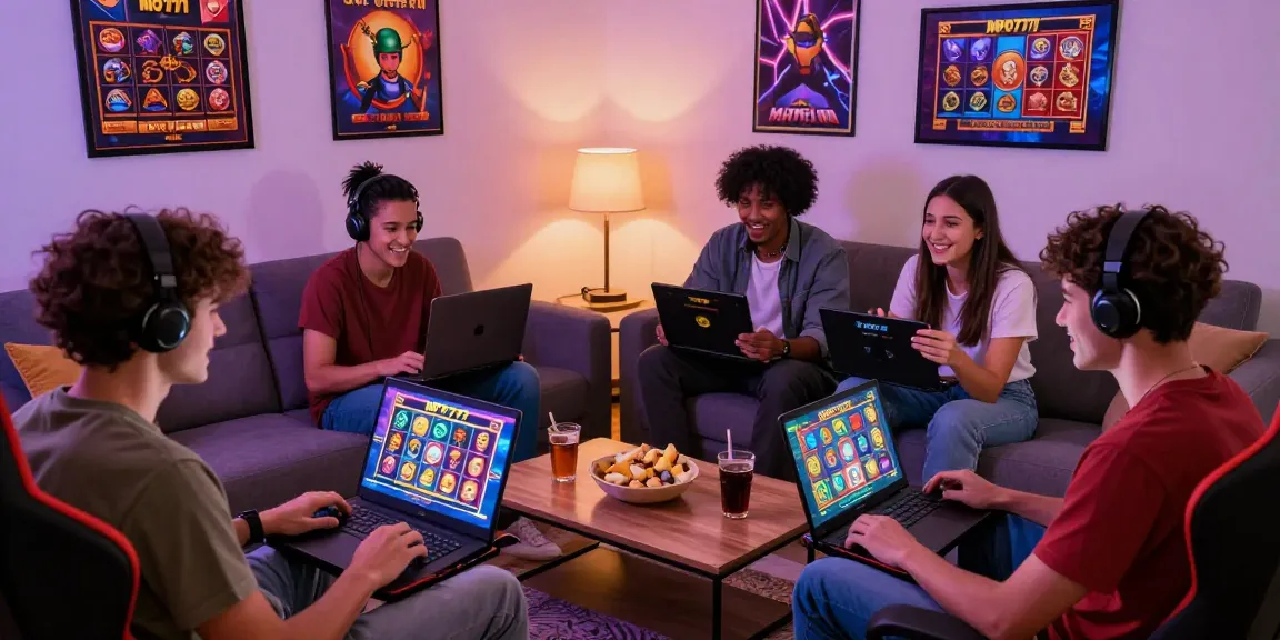 Exciting MPO777 daftar gaming scene with friends playing slot games online in a cozy living room.