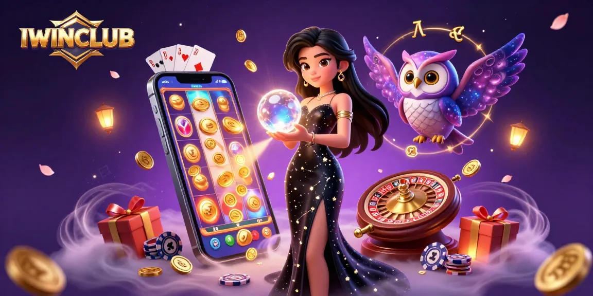 IWINCLUB presents a vibrant scene with a mystical woman and owl representing high-stakes gaming excitement.