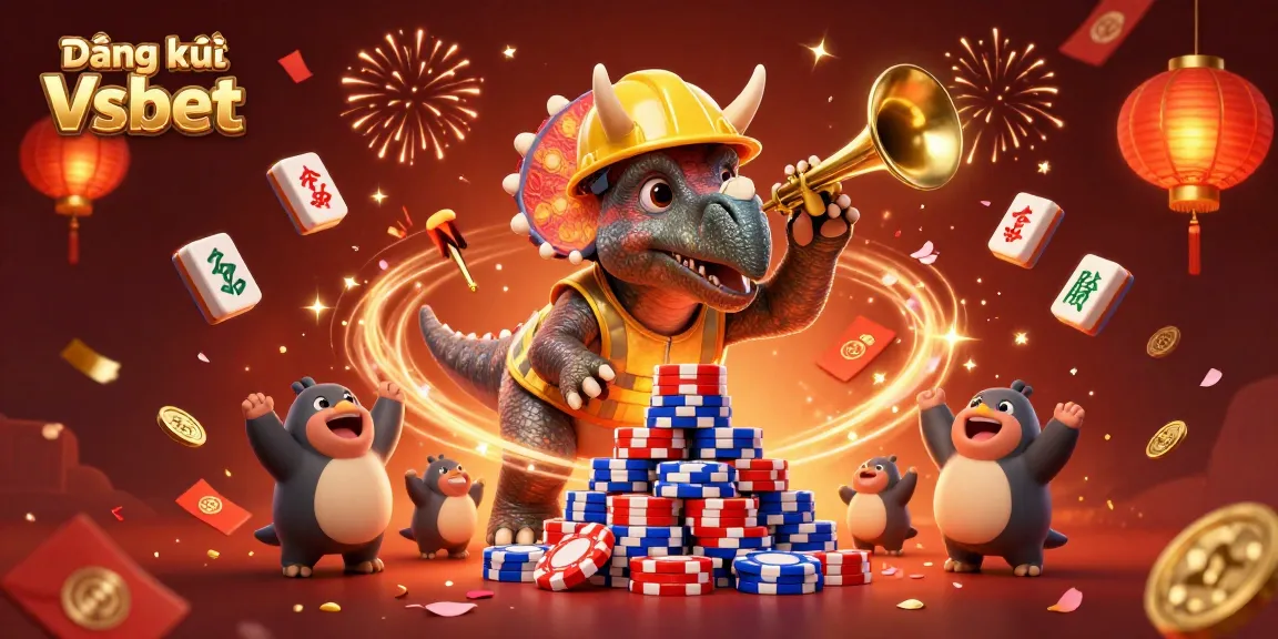 Join the fun with Đăng ký Vsbet, as a triceratops builds poker chip towers amid a festive celebration!