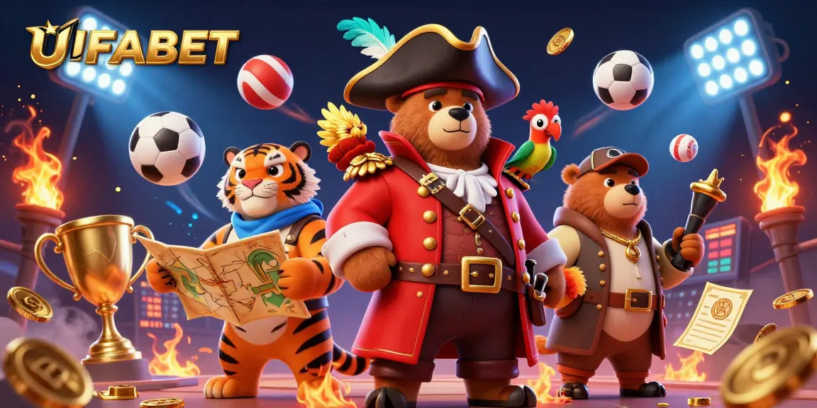 Experience the thrill of UFABET with 3D cartoon characters in a dynamic casino scene surrounded by sports betting elements.
