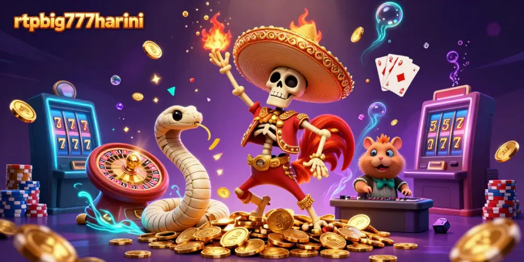 Spin to win with rtpbig777hariini featuring vibrant characters celebrating in a lively casino scene.