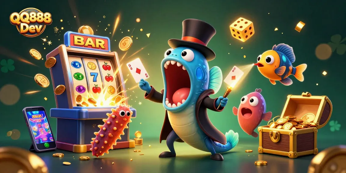 Engage in the fun with QQ888 Dev as cartoon sea creatures celebrate casino wins and magical moments.