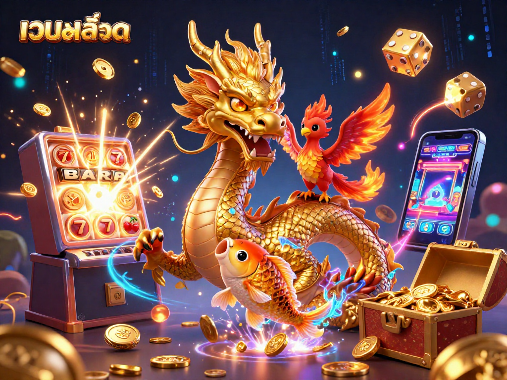 Experience เว็บสล็อต excitement with a dynamic scene featuring a dragon, phoenix, and jackpot rewards!
