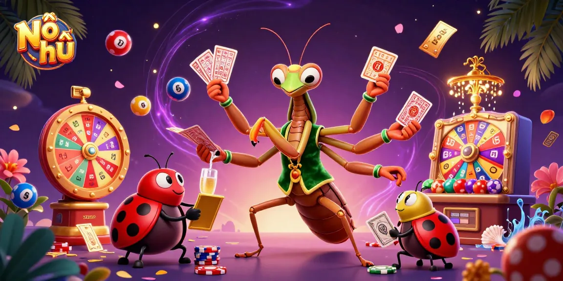 Nổ hũ gaming scene with vibrant characters and dynamic gambling elements in a lively casino atmosphere.