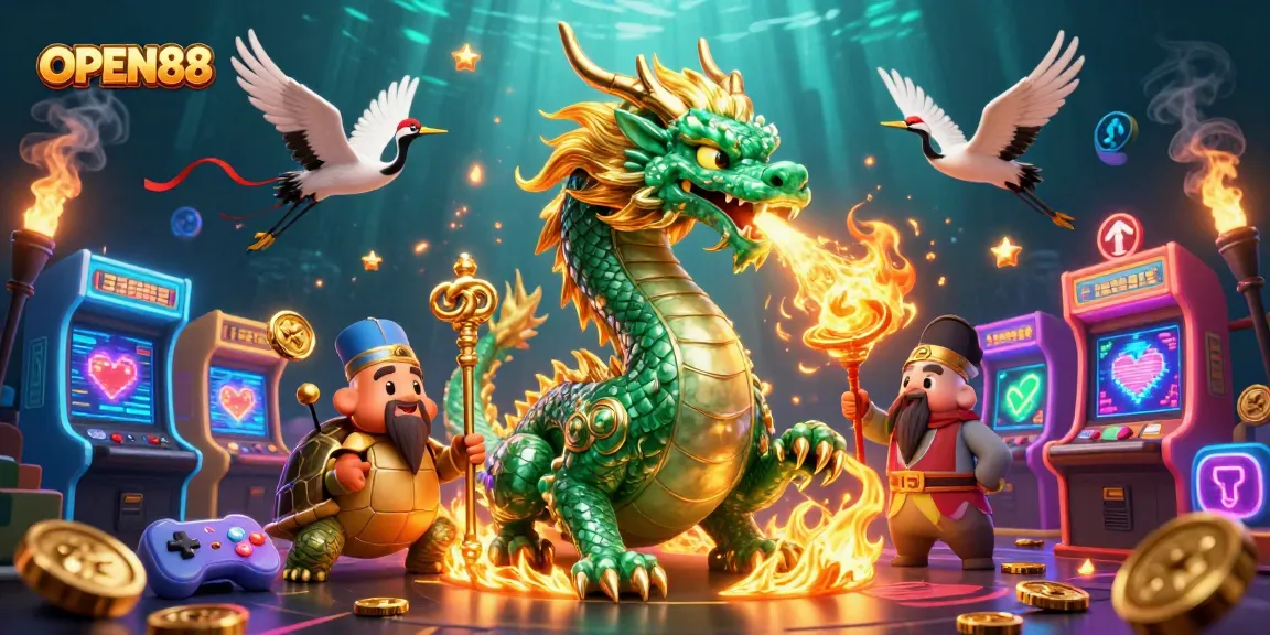 Experience thrilling gaming adventures with OPEN88's vibrant 3D dragon and lively casino elements.