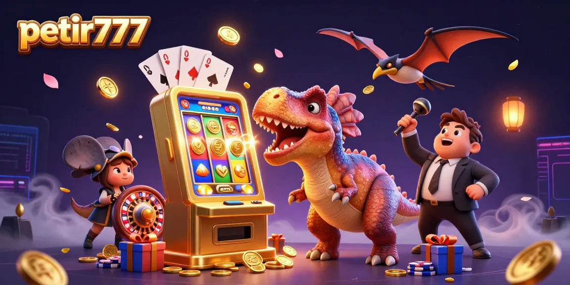 Engaging petir777 casino scene with slot machine, dynamic characters, and flying coins.