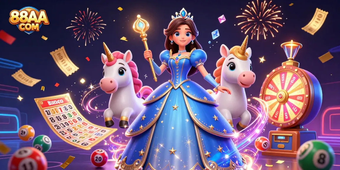 Engage with 88AA COM's vibrant gaming world, showcasing an enchanting scene with a royal figure and games.