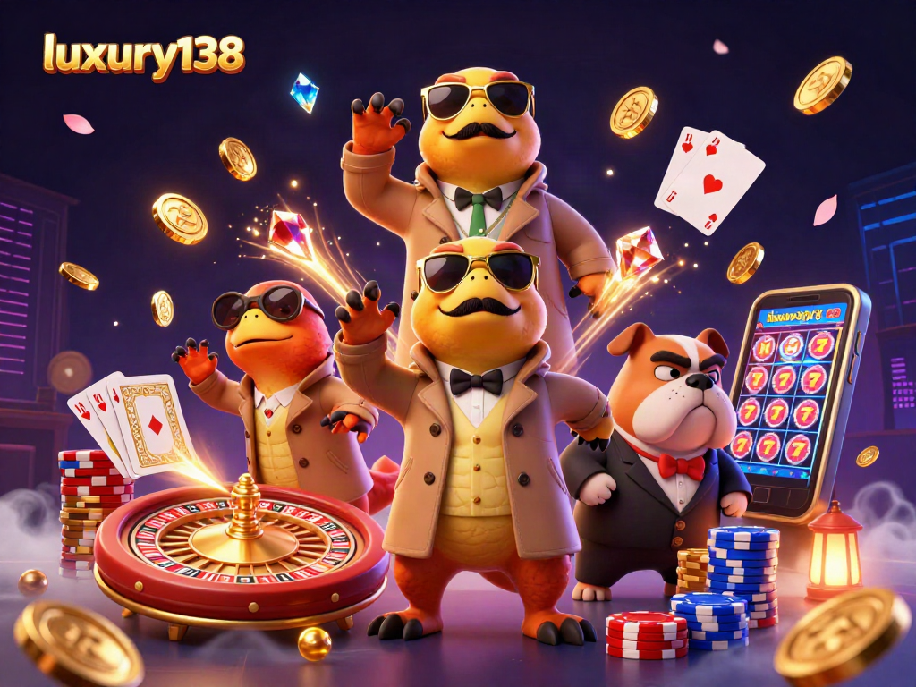 Taruhan seru di luxury138 dengan raptor dan bulldog melihat ke arah kasino VIP yang megah.