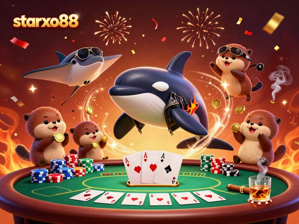 Engage with thrilling poker action featuring starxo88 characters celebrating wins amidst colorful chips and festive confetti.