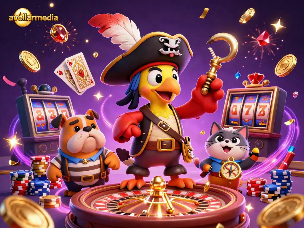 Engage with avellarmedia's thrilling casino adventure featuring vibrant cartoon characters amidst dynamic gaming elements.