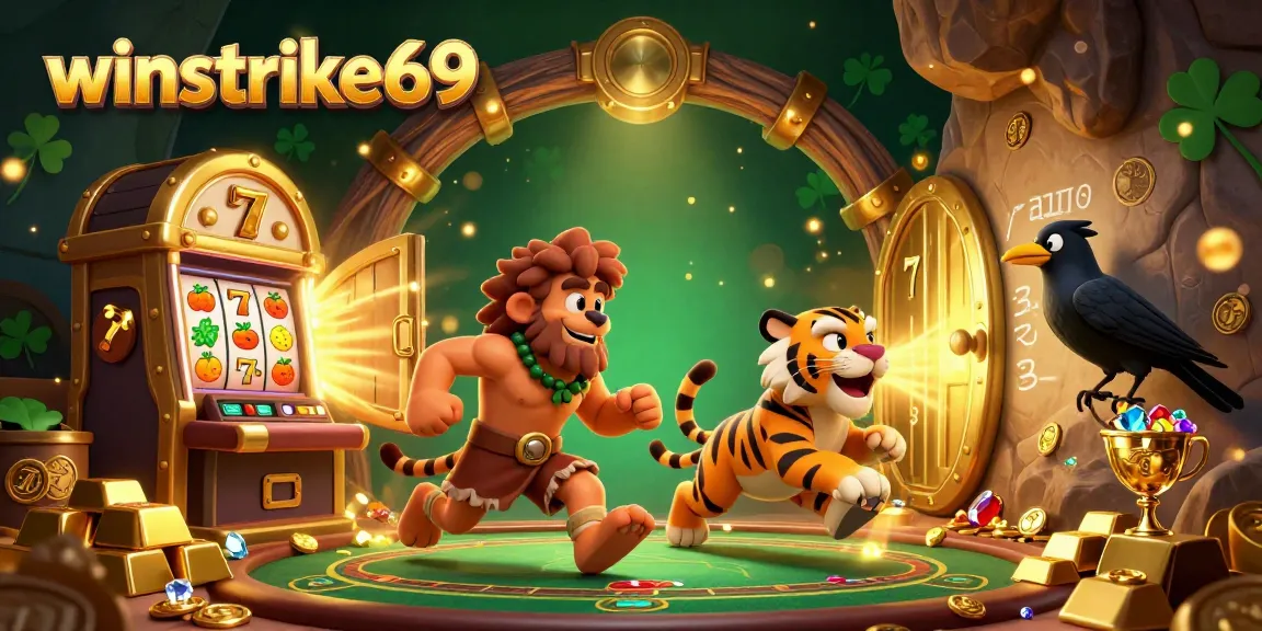 Join the wild fun at winstrike69 with this vibrant caveman casino scene showcasing lively slot machines and gold treasures!