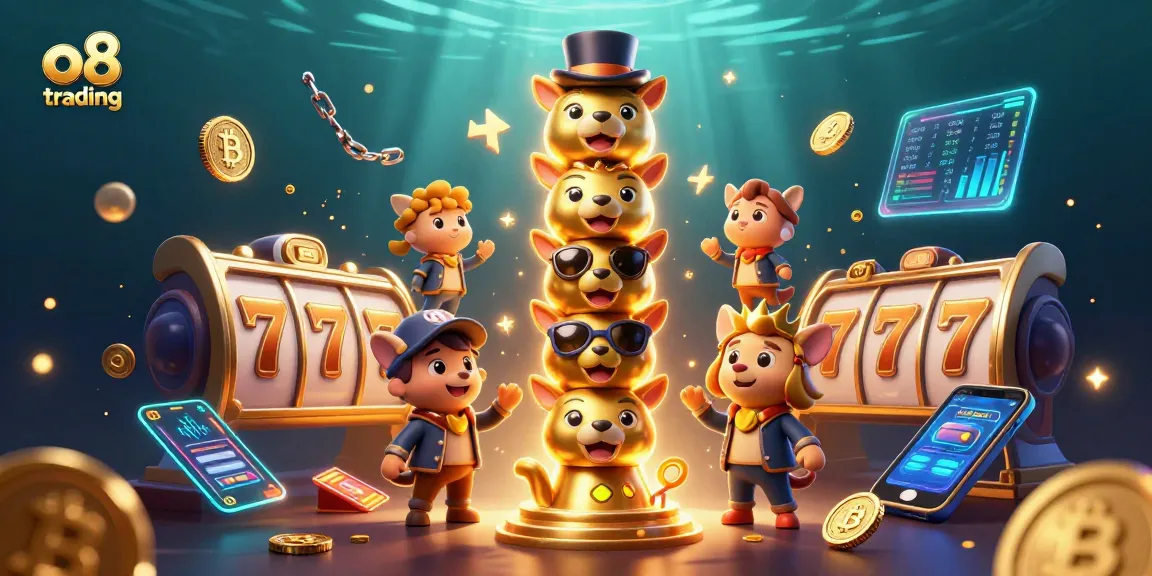 Experience exciting o8 trading action with a vibrant casino-themed 3D illustration.