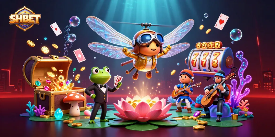 Join the excitement at SHBET with vibrant casino action featuring a dragonfly pilot and frog dealer.