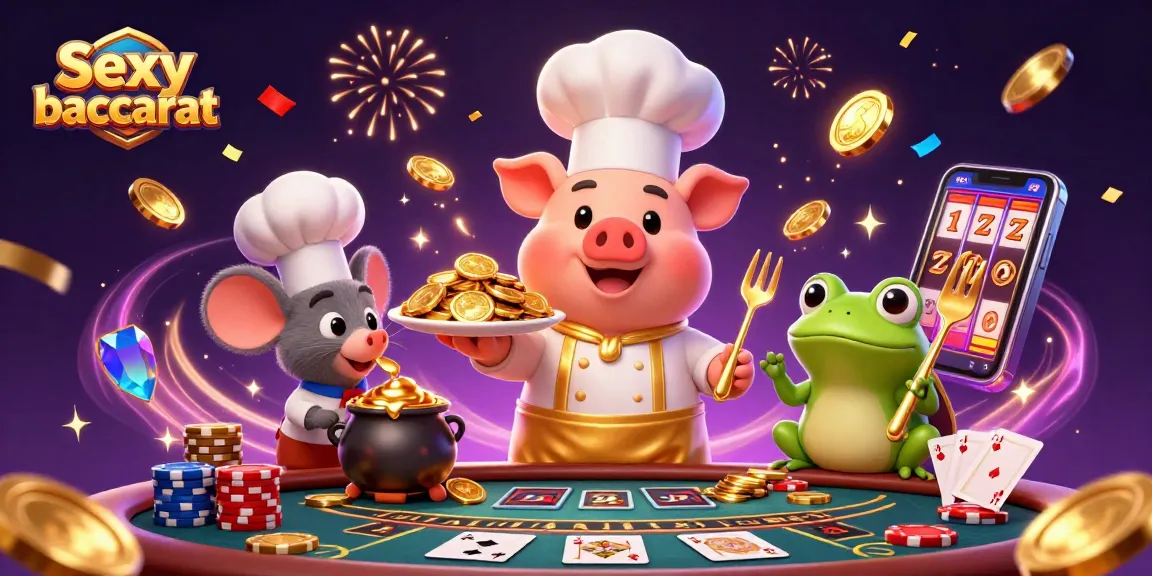 Play Sexy baccarat dynamically with pig chef, mouse sous-chef, and frog critic in a vibrant casino scene.