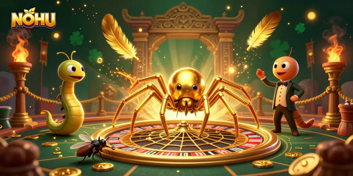 Engage with NOHU's vibrant casino scene featuring a cartoon spider and croupier in a roulette wheel web.