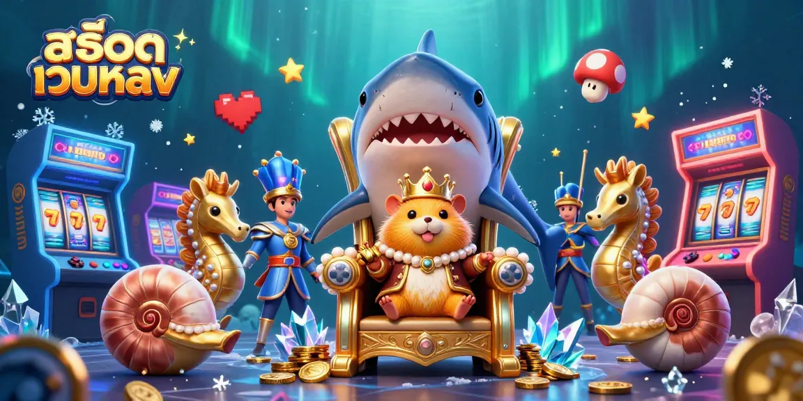 Play slot games with excitement at สล็อตเว็บตรง, featuring a golden hamster king and colorful game elements.