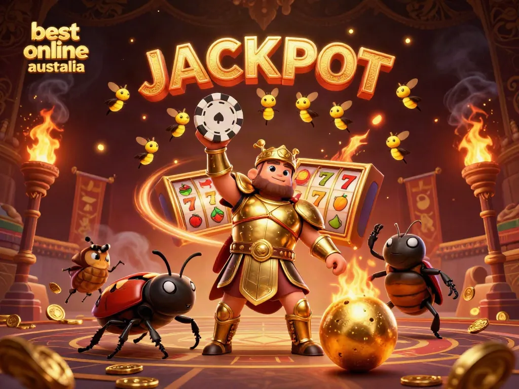 A dynamic scene showcasing victory at the best online casino Australia with a hercules beetle and gold coins